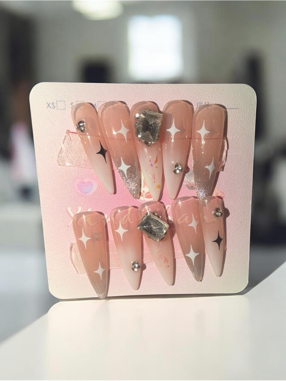 XS-Nude Pink Stiletto Press-On Nails with Rhinestone Accents